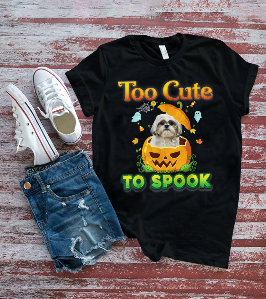 Too Cute To Spook Shih Tzu Dog In Pumpkin Halloween Ghost Leaves T-Shirt