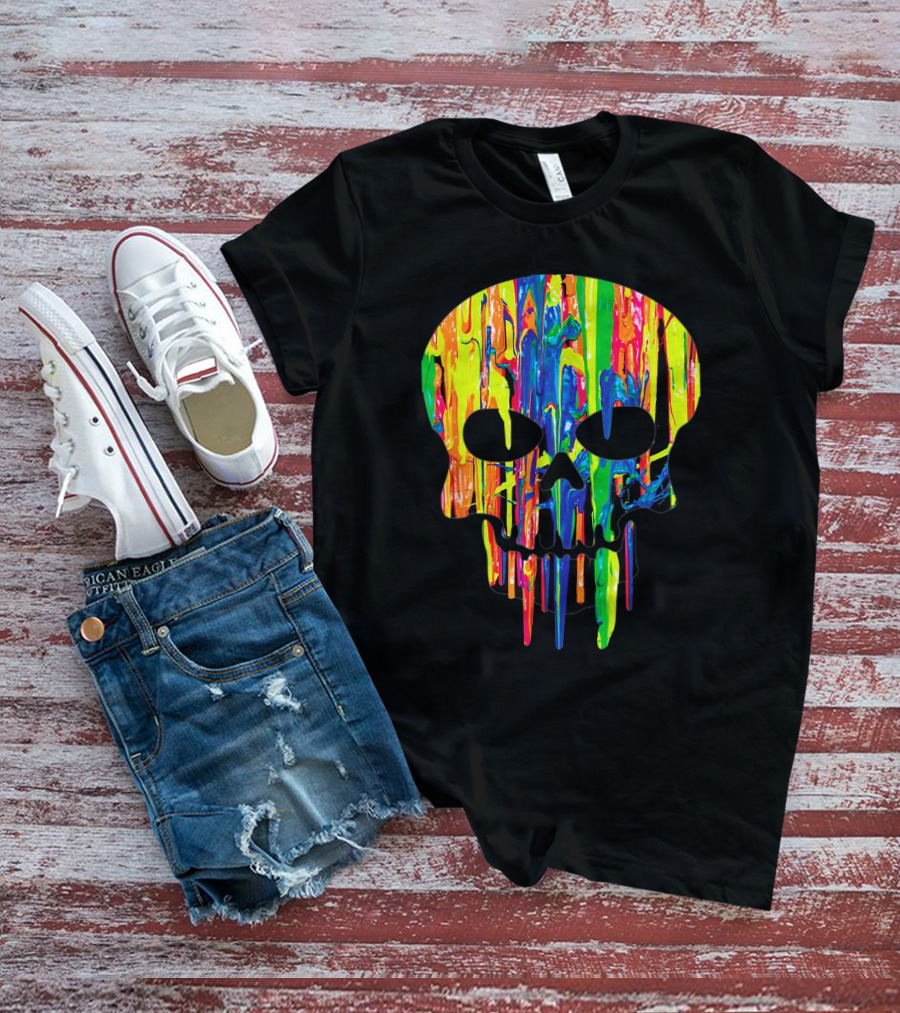 Colorful Melting Skull Cool Neon Drip Skull T-Shirt
