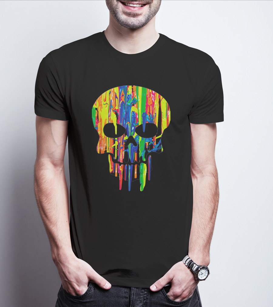 Colorful Melting Skull Cool Neon Drip Skull T-Shirt
