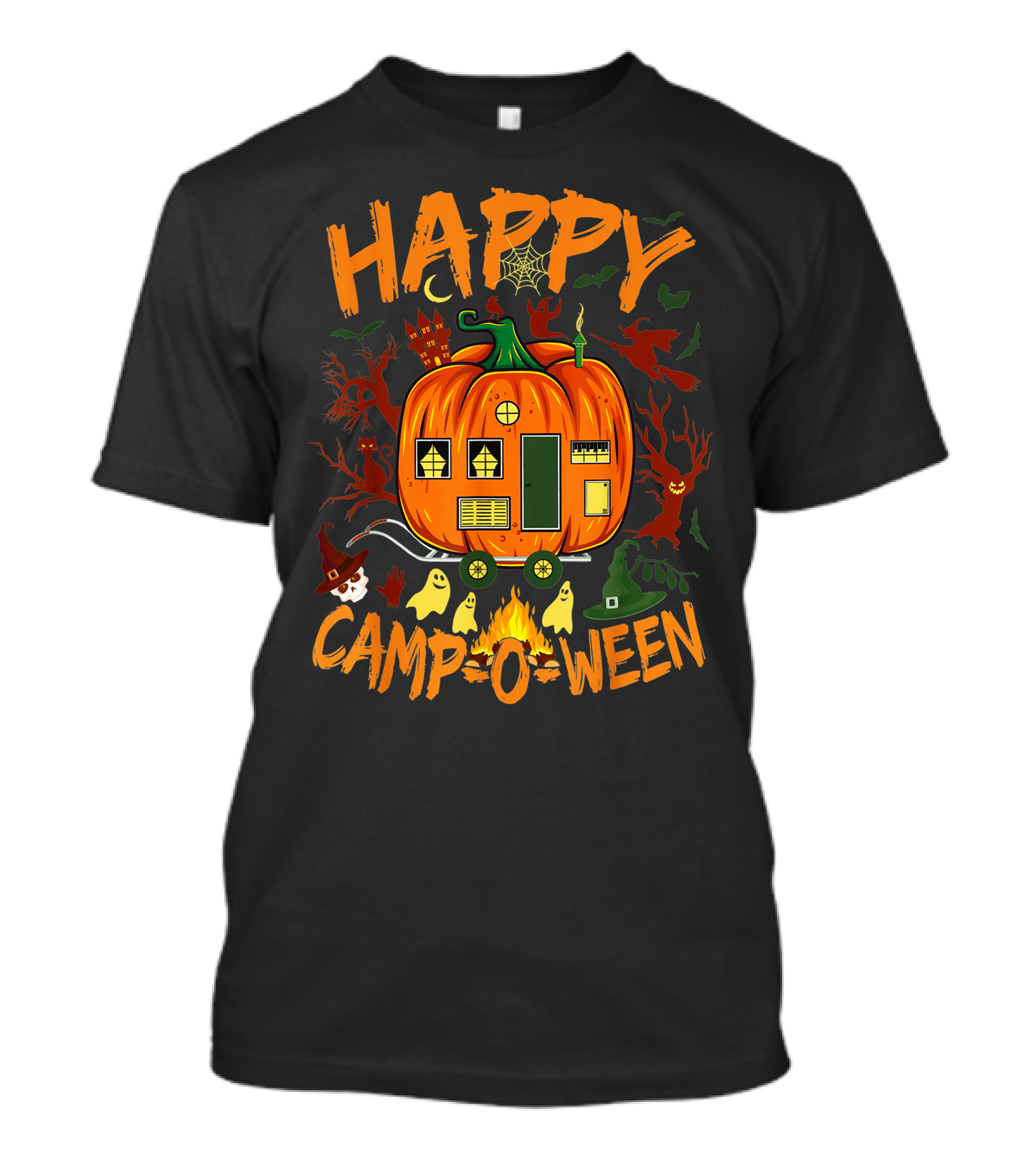 Happy Camp O Ween Funny Halloween Camping Camper Pumpkin Ghosts Witch Hat Spooky Fire T-Shirt