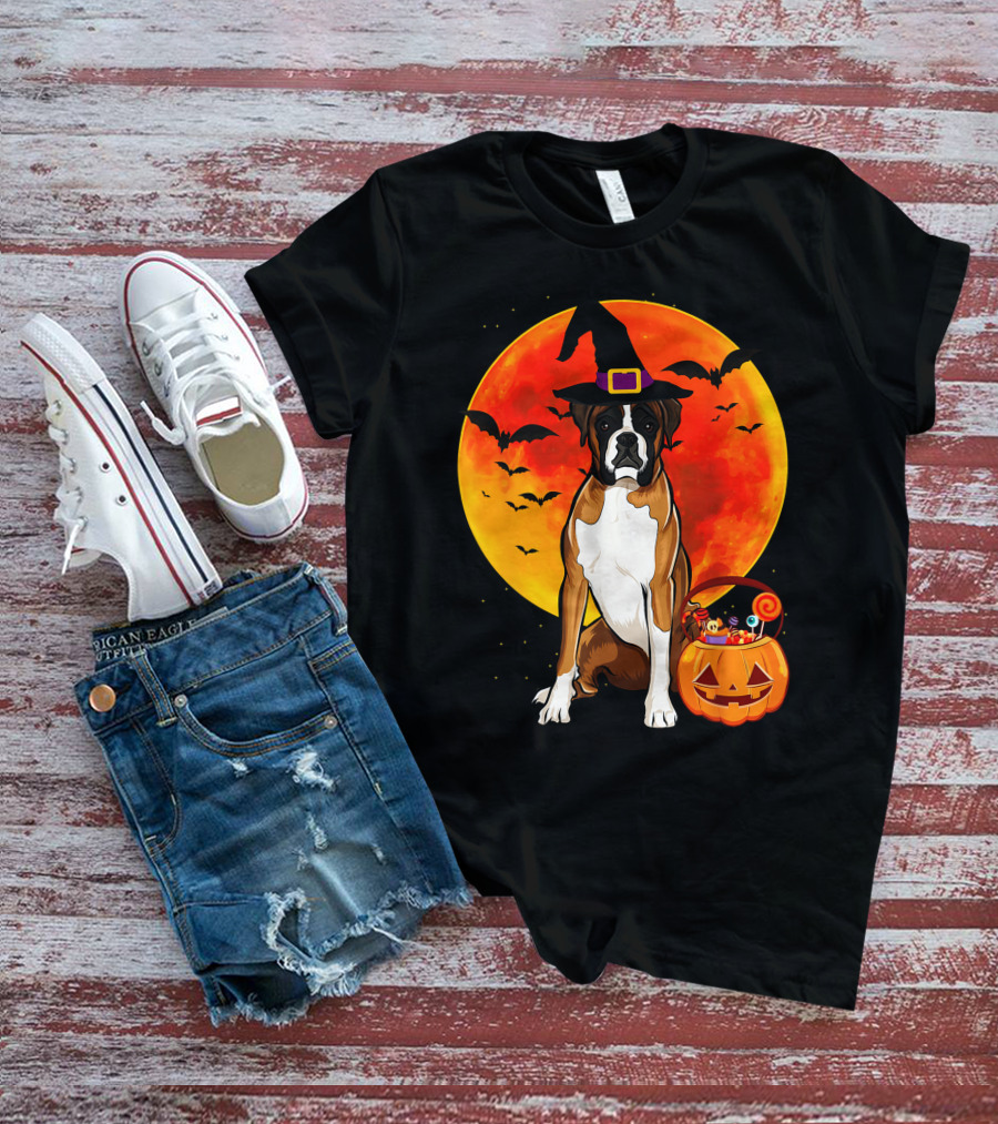 Boxer Dog With Witch Hat Pumpkin Full Moon Halloween Bats T-Shirt