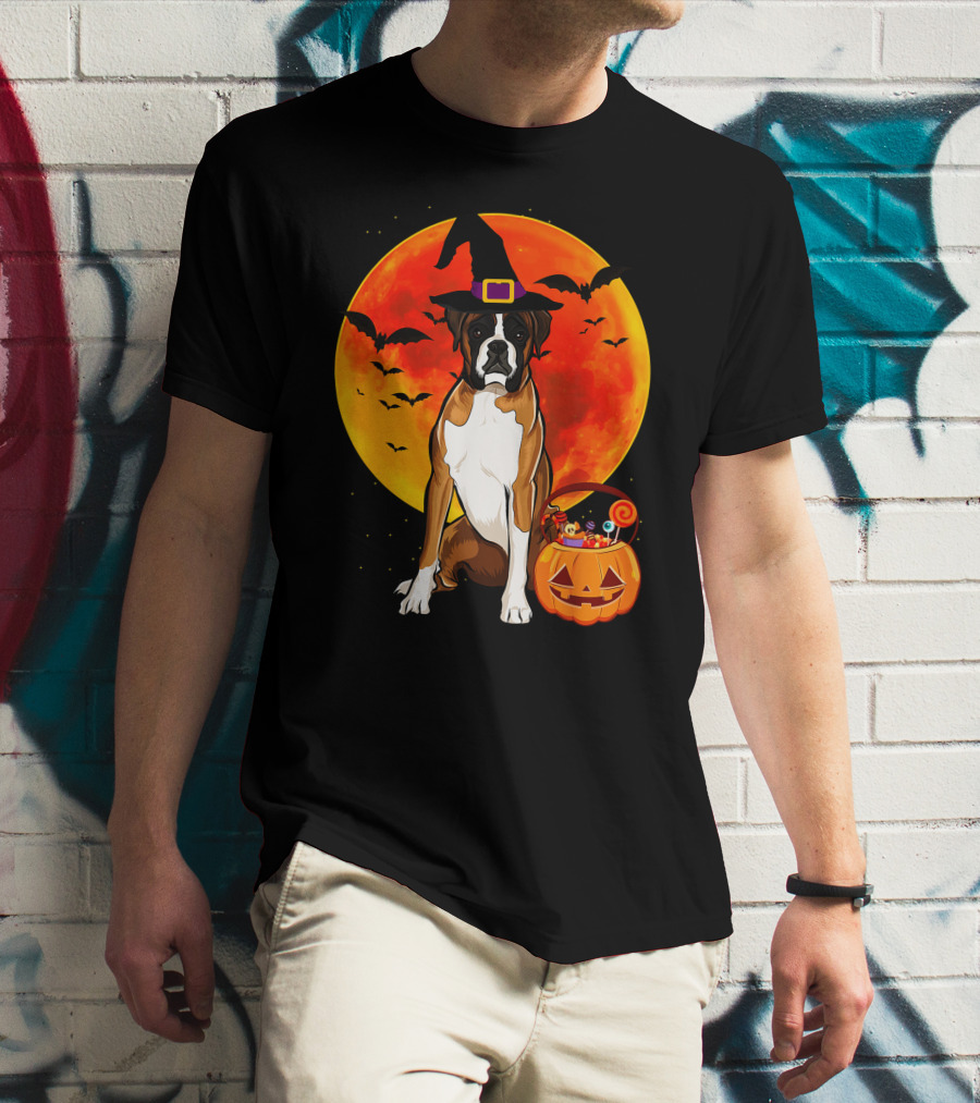 Boxer Dog With Witch Hat Pumpkin Full Moon Halloween Bats T-Shirt
