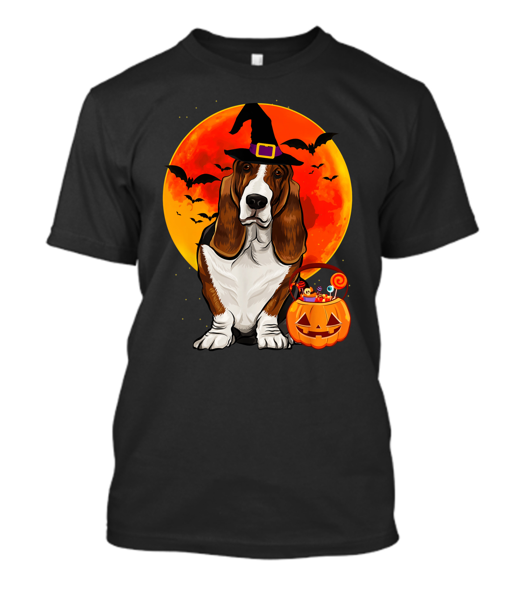 Basset Hound Witch Hat Halloween Pumpkin Candy Holder With Full Moon And Bats T-Shirt
