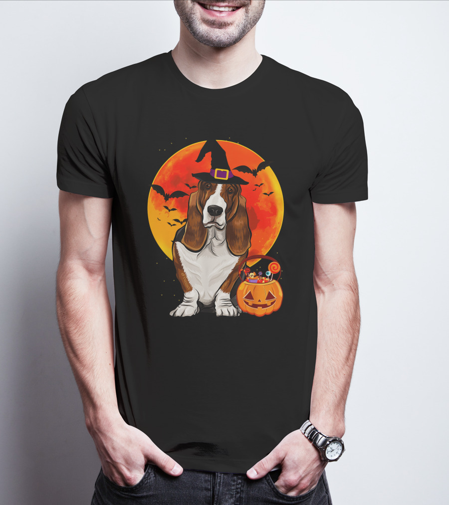 Basset Hound Witch Hat Halloween Pumpkin Candy Holder With Full Moon And Bats T-Shirt