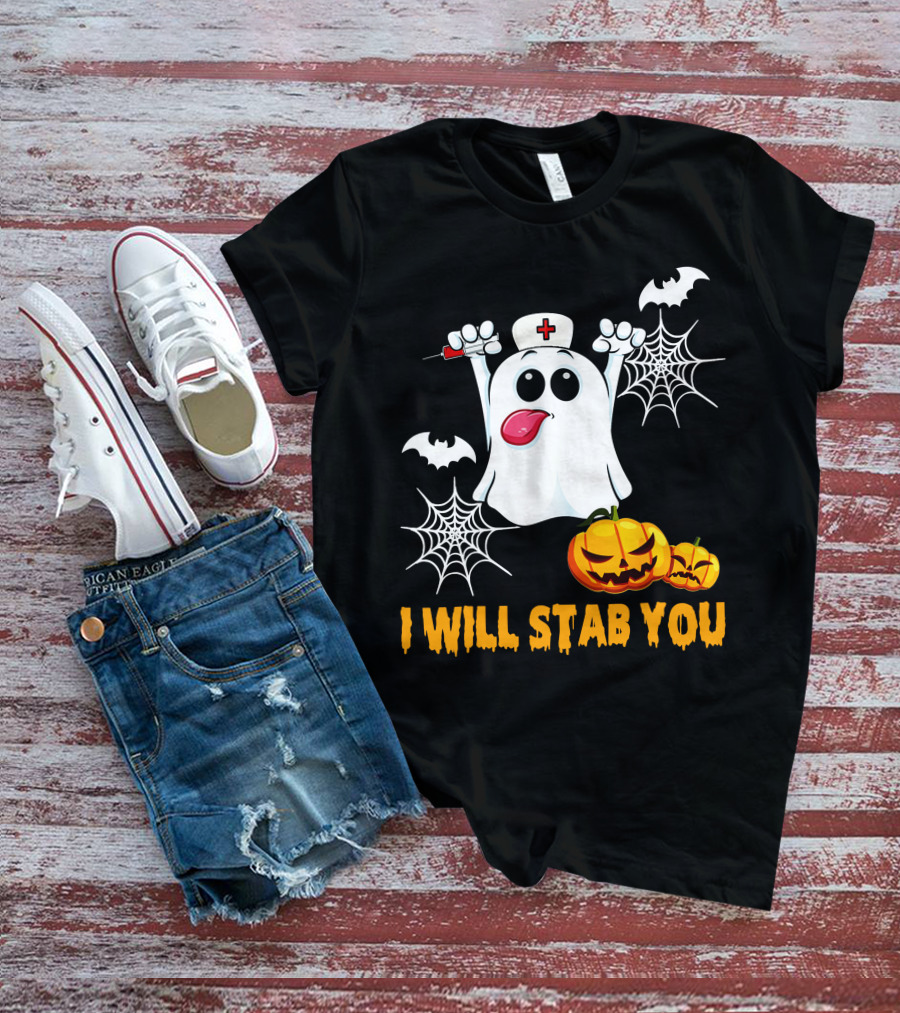 I Will Stab You Funny Nurse Ghost With Pumpkins And Bats T-Shirt