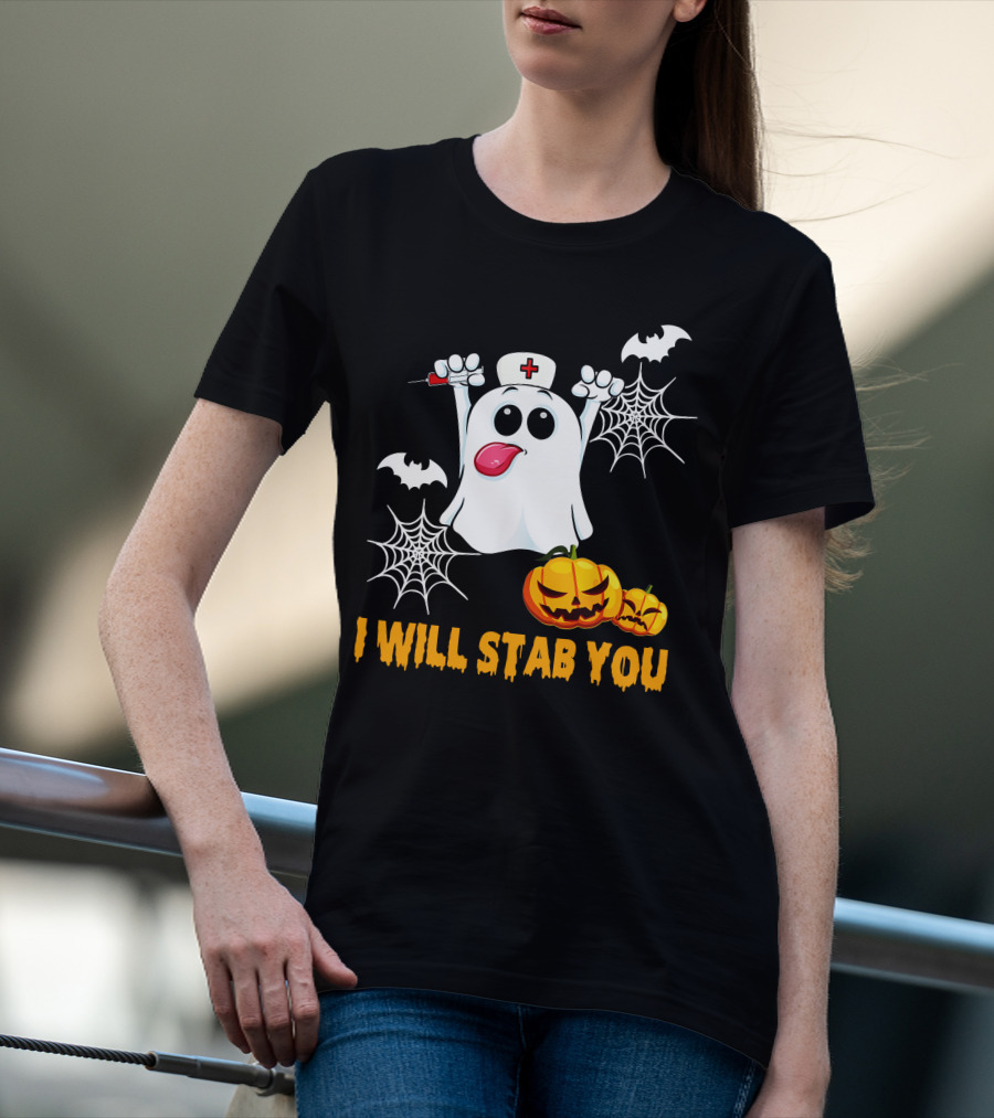 I Will Stab You Funny Nurse Ghost With Pumpkins And Bats T-Shirt