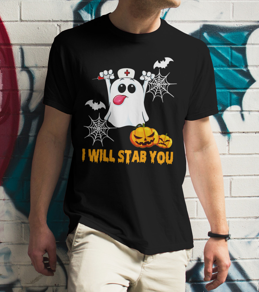 I Will Stab You Funny Nurse Ghost With Pumpkins And Bats T-Shirt