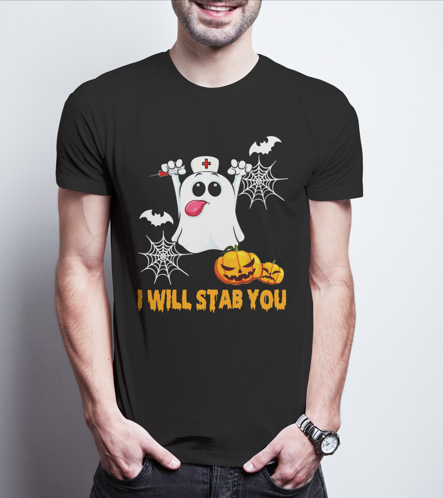 I Will Stab You Funny Nurse Ghost With Pumpkins And Bats T-Shirt