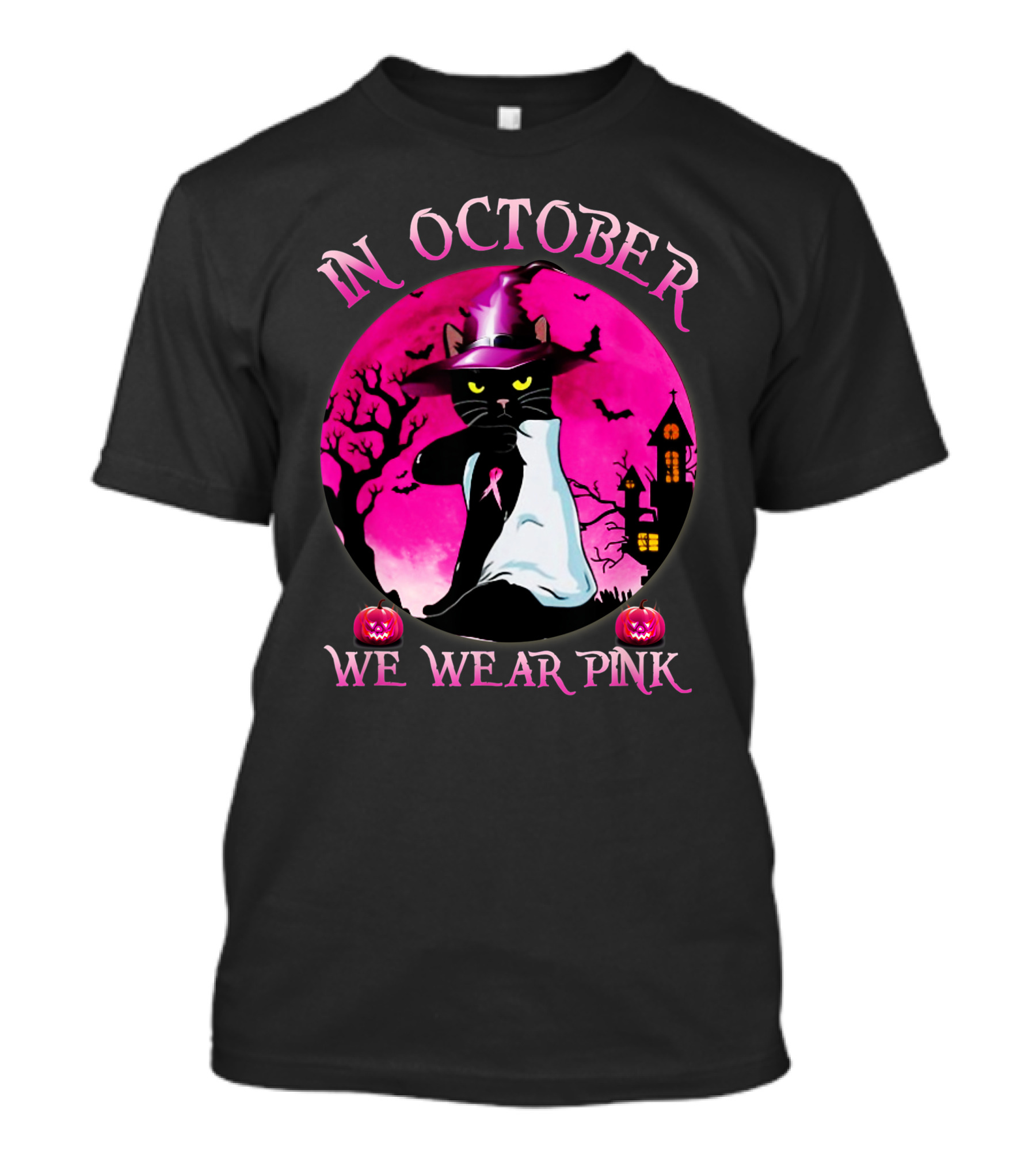 In October We Wear Pink Cat Halloween Pink Ribbon Moon Bats Jack O'Lanterns T-Shirt