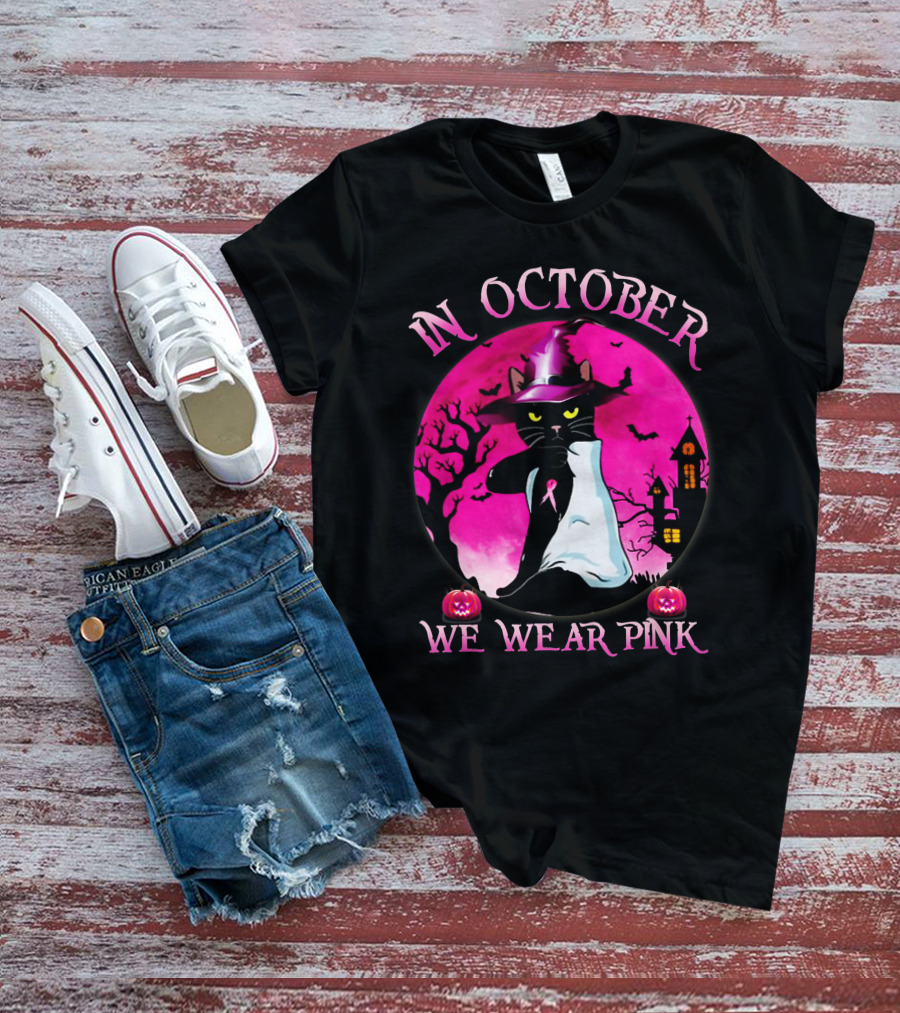 In October We Wear Pink Cat Halloween Pink Ribbon Moon Bats Jack O'Lanterns T-Shirt