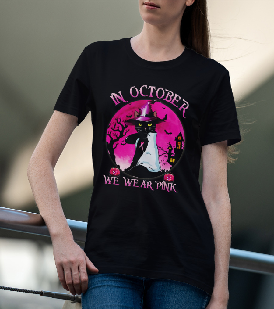 In October We Wear Pink Cat Halloween Pink Ribbon Moon Bats Jack O'Lanterns T-Shirt