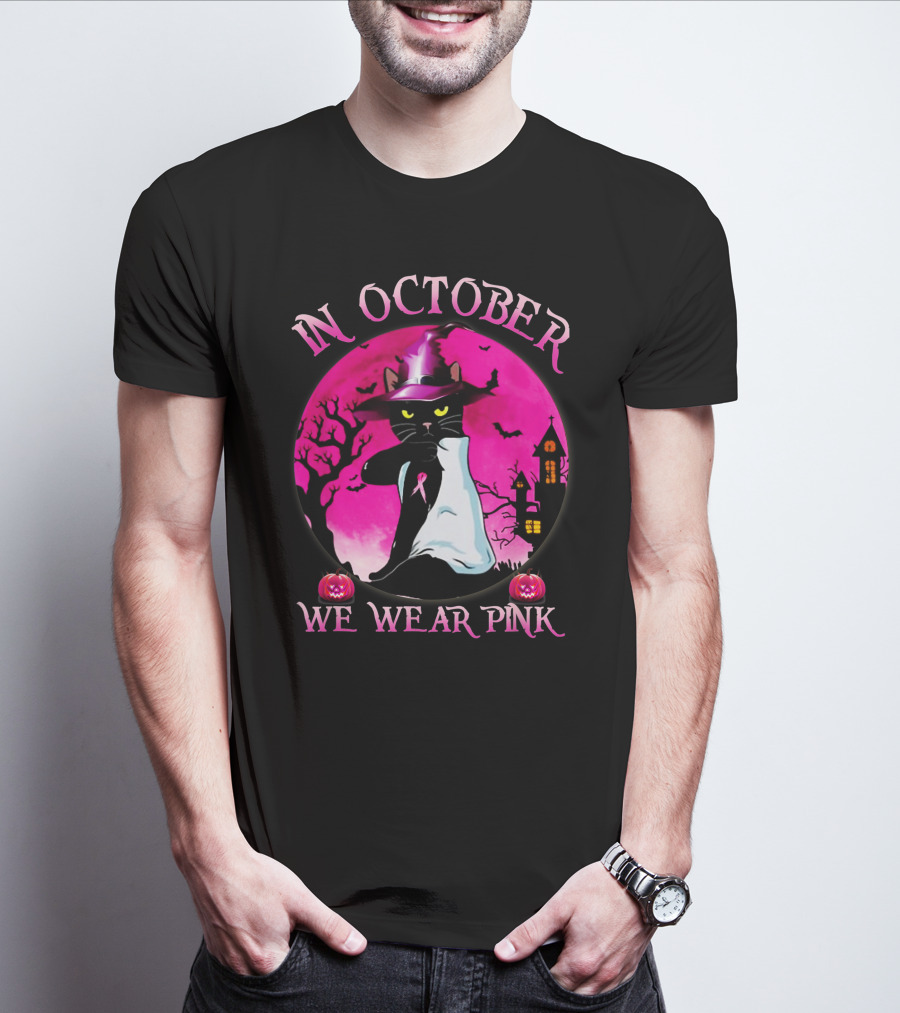In October We Wear Pink Cat Halloween Pink Ribbon Moon Bats Jack O'Lanterns T-Shirt
