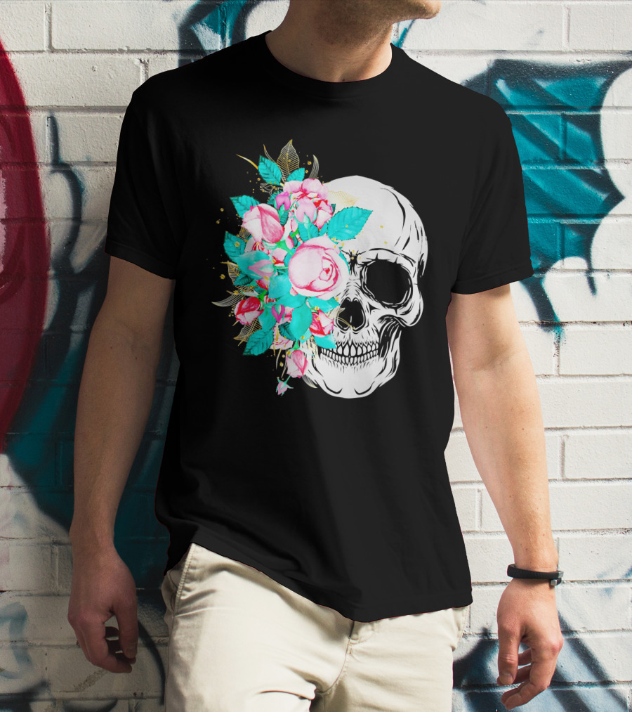 Flower Skull Floral Fusion With Vintage Rose Elements T-Shirt