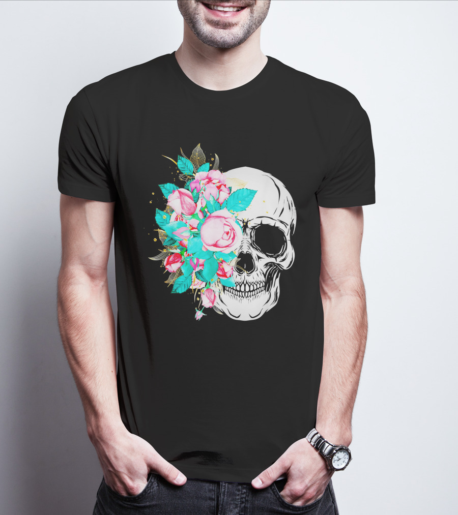 Flower Skull Floral Fusion With Vintage Rose Elements T-Shirt
