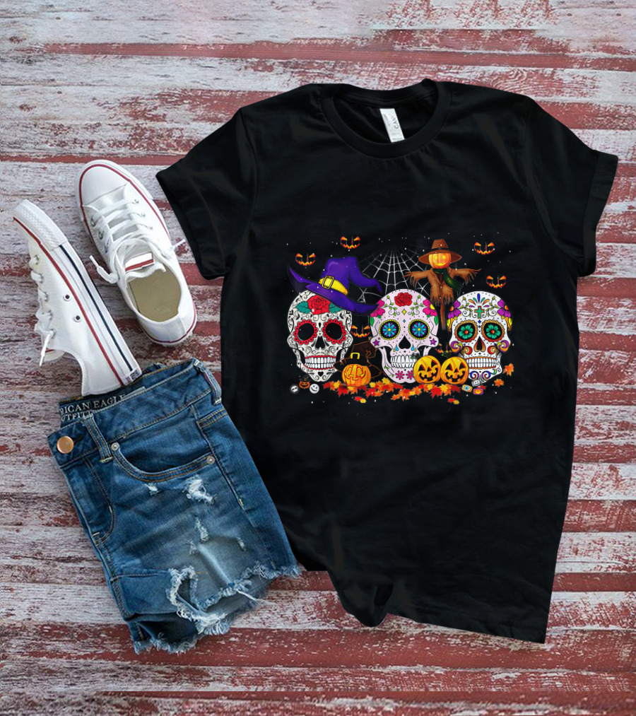 Sugar Skull Halloween Pumpkins And Scarecrow Scene T-Shirt