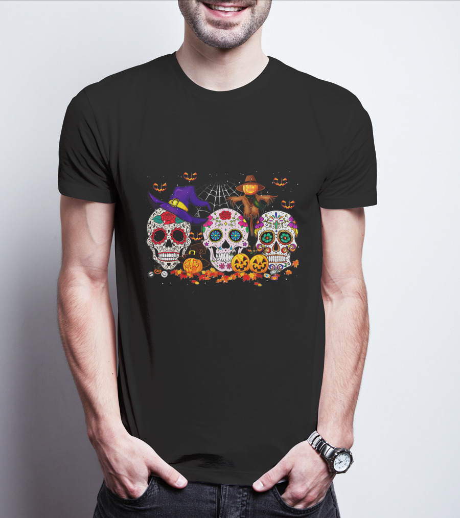 Sugar Skull Halloween Pumpkins And Scarecrow Scene T-Shirt
