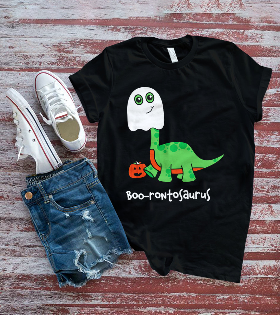 Boo-rontosaurus Ghost Dinosaur With Pumpkin Halloween Cute Funny Brontosaurus T-Shirt