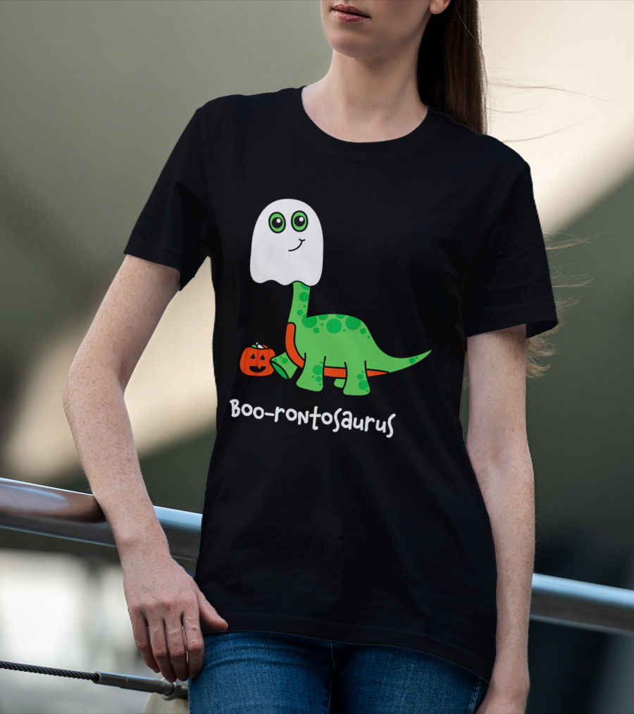 Boo-rontosaurus Ghost Dinosaur With Pumpkin Halloween Cute Funny Brontosaurus T-Shirt