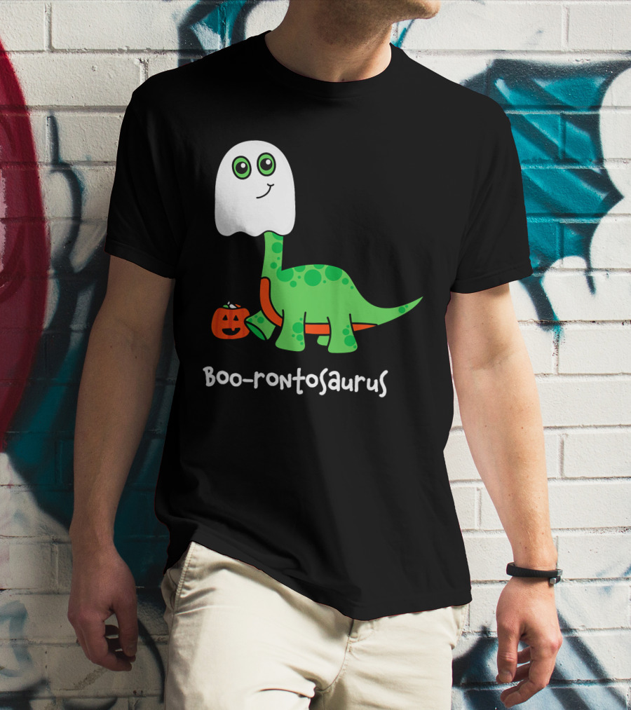 Boo-rontosaurus Ghost Dinosaur With Pumpkin Halloween Cute Funny Brontosaurus T-Shirt
