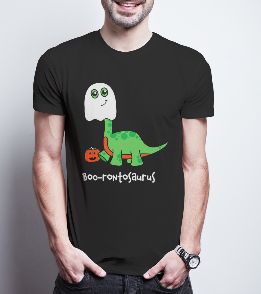 Boo-rontosaurus Ghost Dinosaur With Pumpkin Halloween Cute Funny Brontosaurus T-Shirt