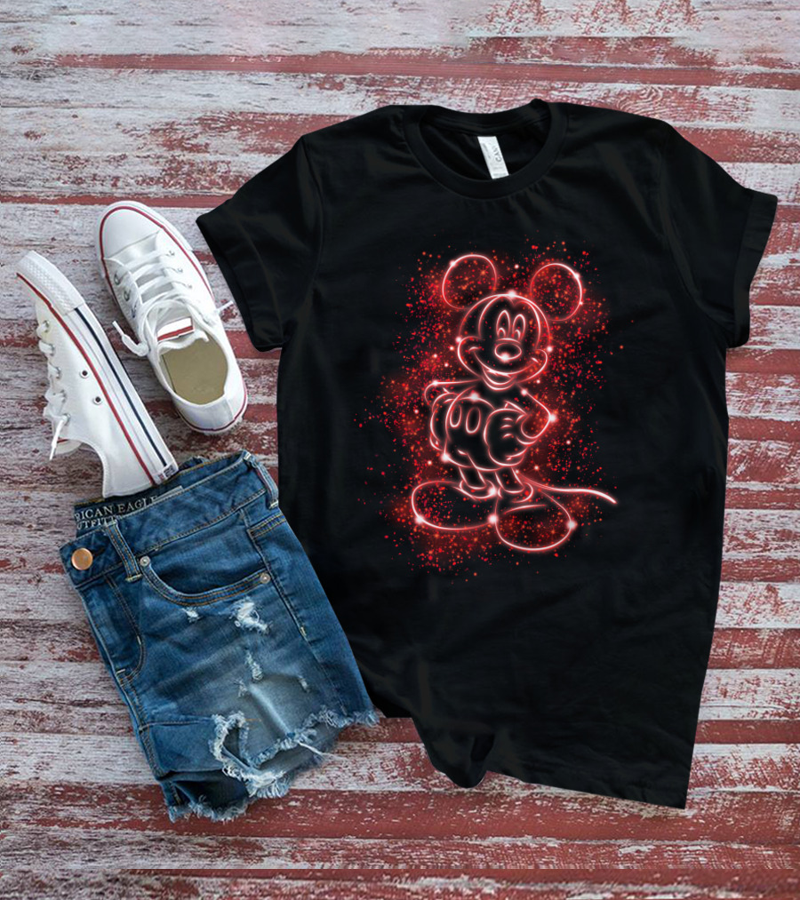 MK Light Neon Mickey Mouse Outline Red Sparkles T-Shirt