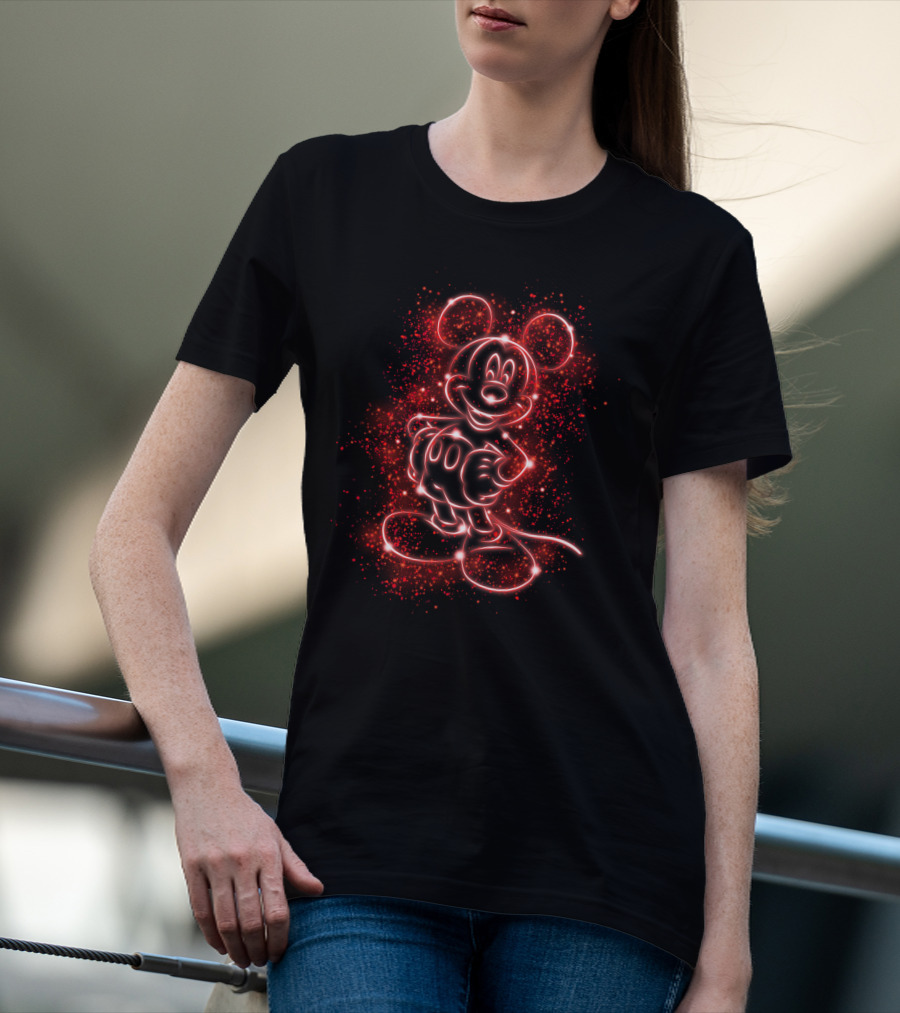 MK Light Neon Mickey Mouse Outline Red Sparkles T-Shirt