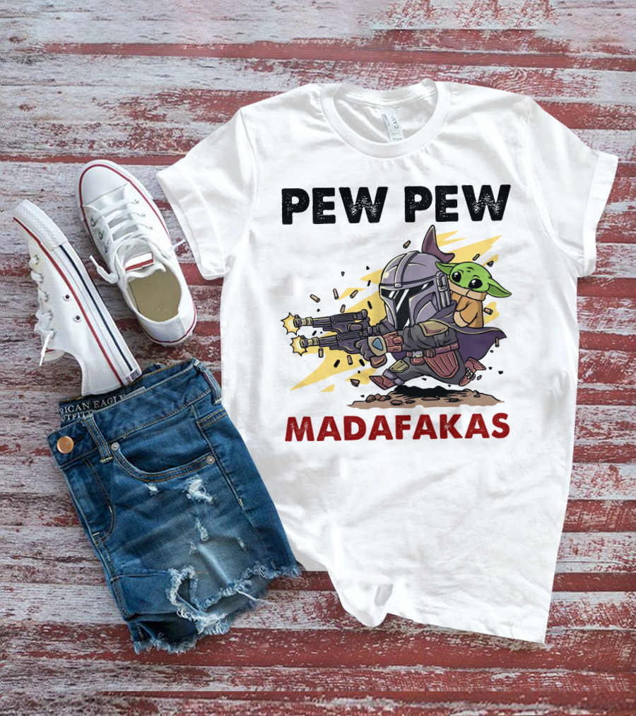 Pew Pew Madafakas Mandalorian Baby Yoda Gun Firing Scene T-Shirt