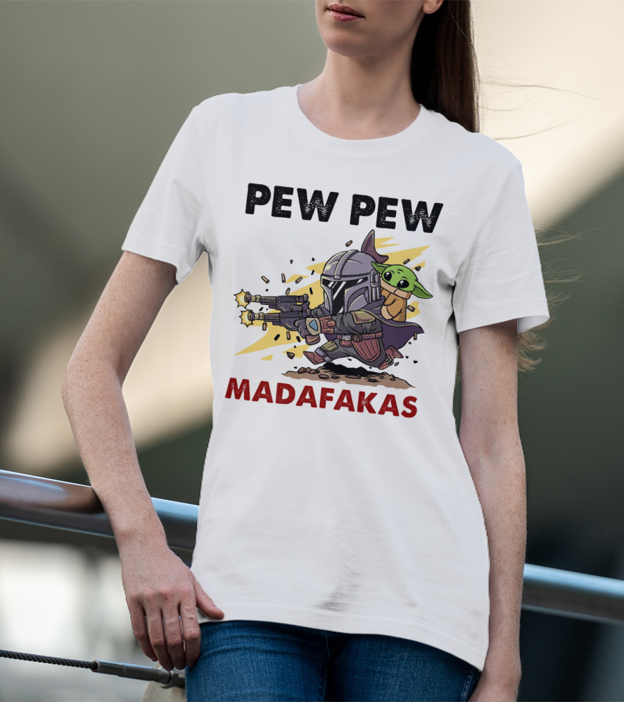 Pew Pew Madafakas Mandalorian Baby Yoda Gun Firing Scene T-Shirt