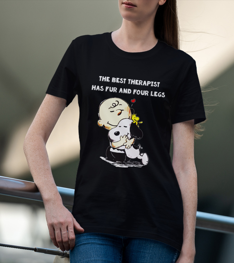 The Best Therapist Has Fur And Four Legs Charlie Brown Snoopy Woodstock Hug T-Shirt