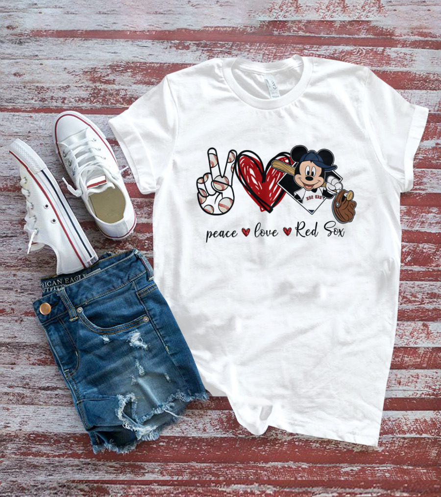 Peace Love Red Sox Mickey Baseball T-Shirt