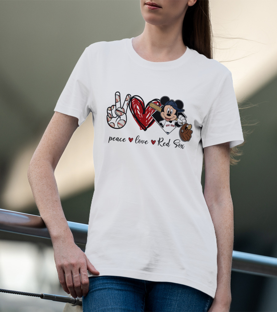 Peace Love Red Sox Mickey Baseball T-Shirt
