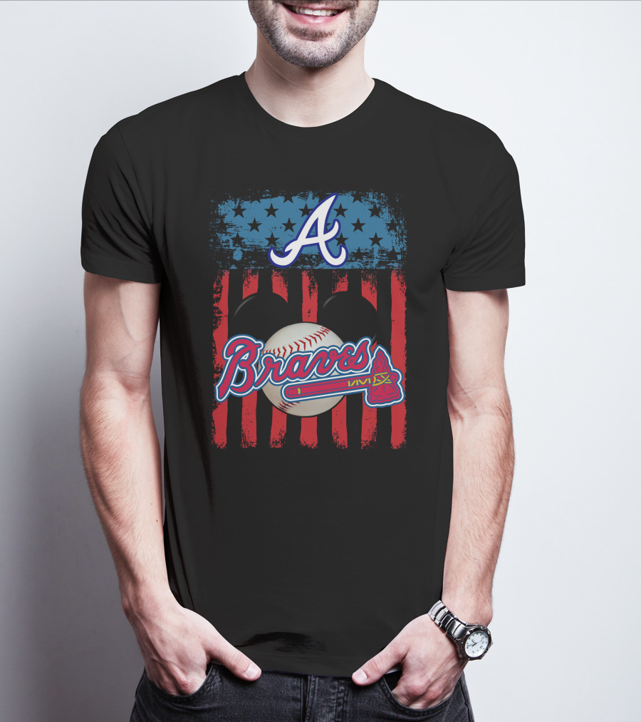 A Mickey Braves Iconic Baseball Stars And Stripes American Flag T-Shirt
