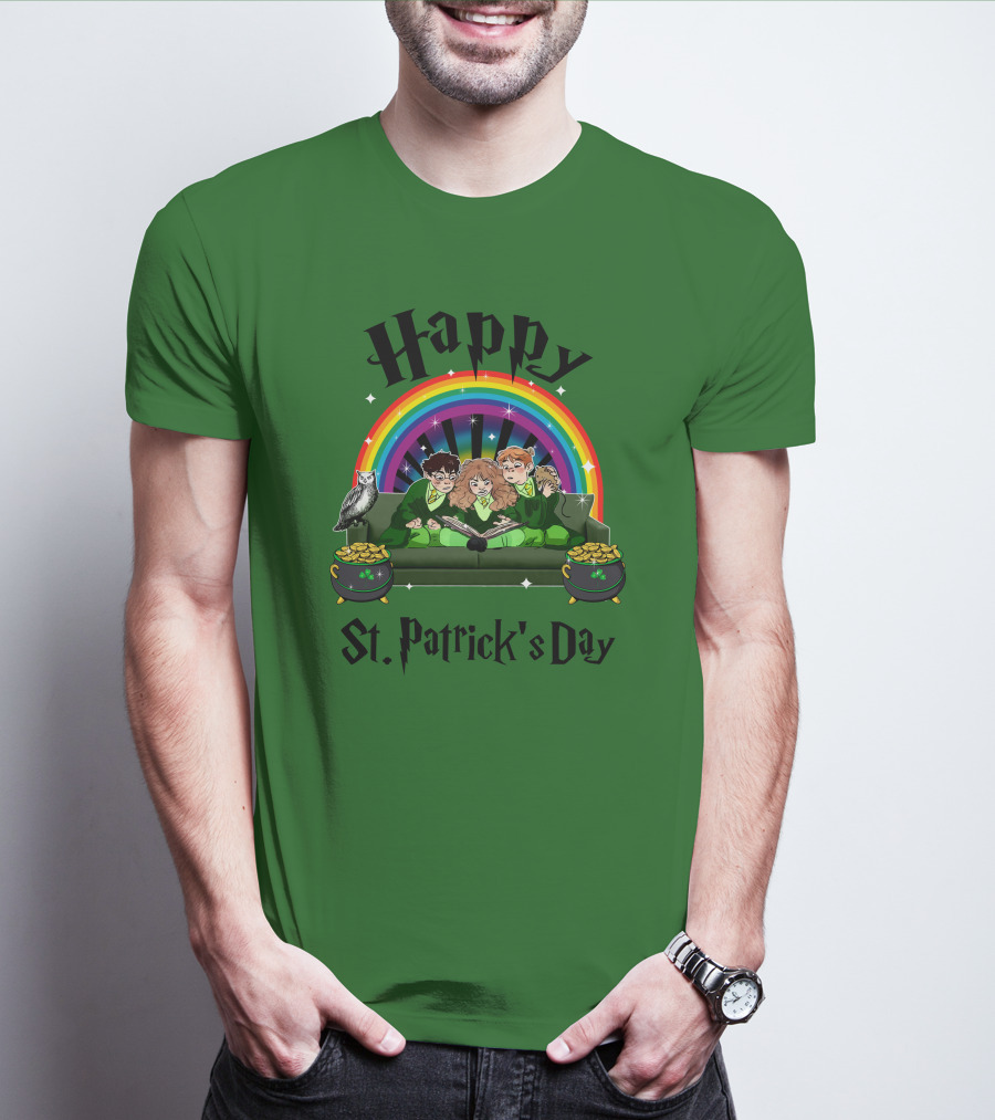 Happy St. Patrick's Day With Rainbow And Green Characters On Couch T-Shirt