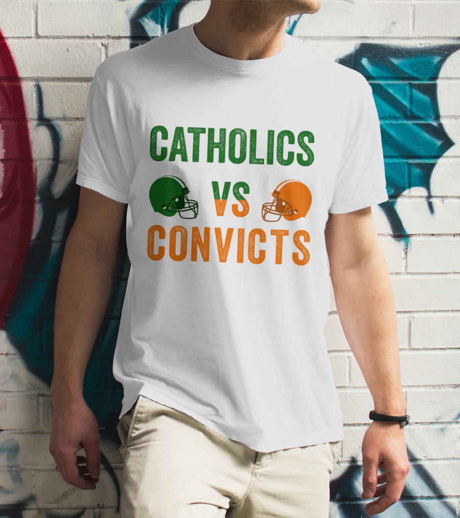Catholics Vs. Convicts 1988 Football Helmets Rivalry T-Shirt