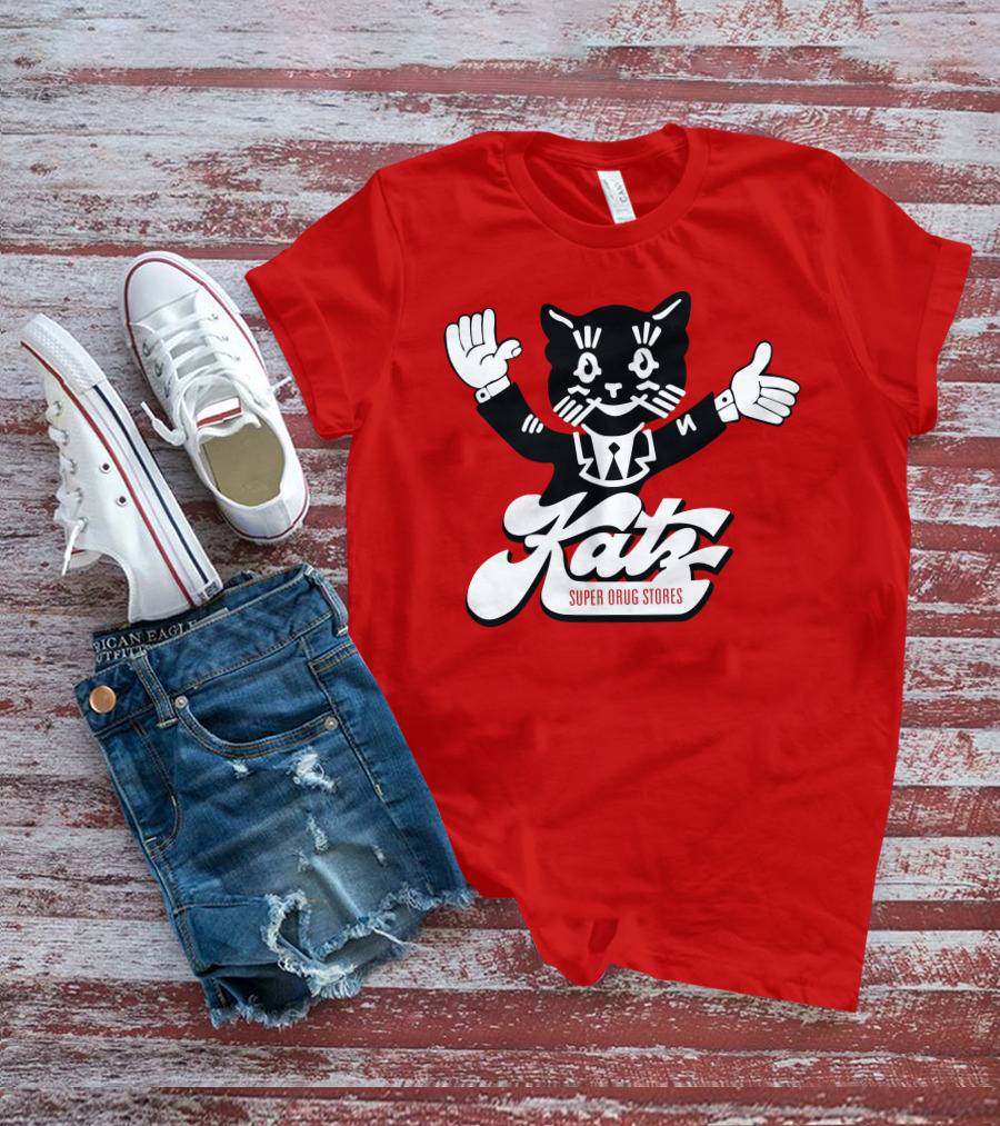 Katz Super Drug Stores Cat Mascot Smiling And Waving In Suit And Tie T-Shirt