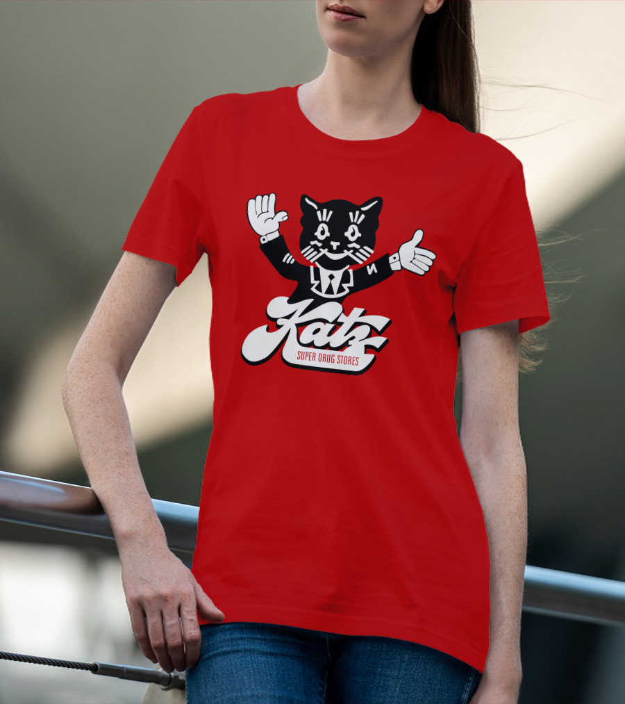 Katz Super Drug Stores Cat Mascot Smiling And Waving In Suit And Tie T-Shirt