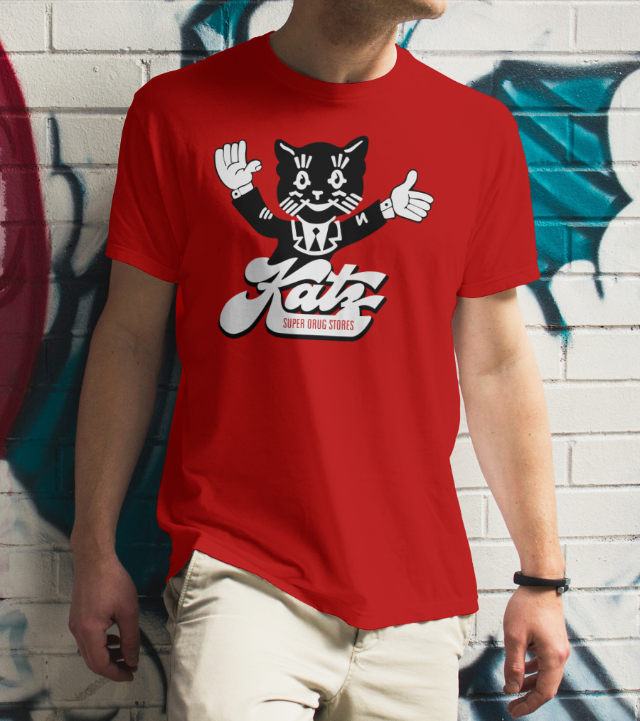 Katz Super Drug Stores Cat Mascot Smiling And Waving In Suit And Tie T-Shirt