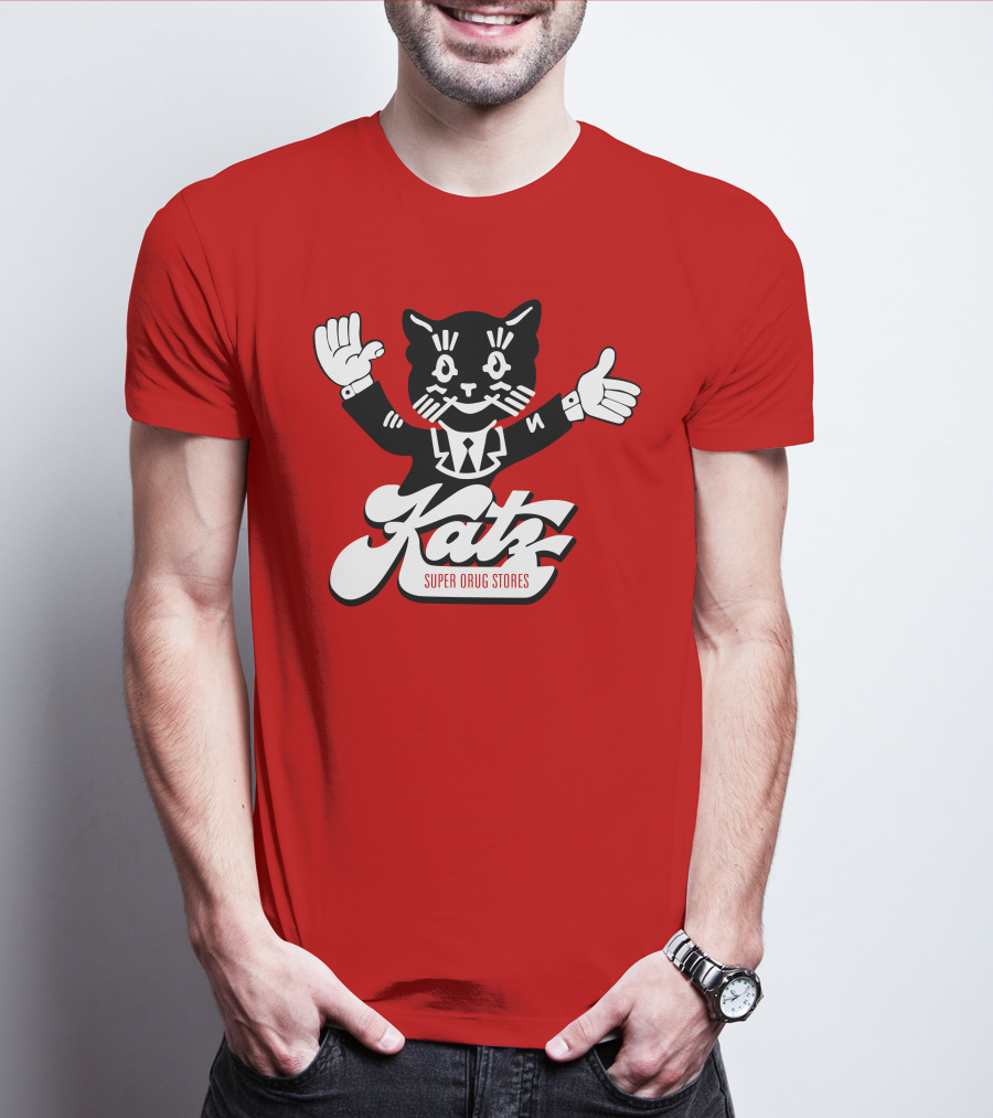 Katz Super Drug Stores Cat Mascot Smiling And Waving In Suit And Tie T-Shirt