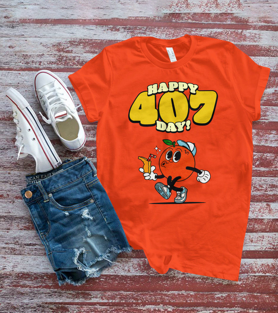 Happy 407 Day Orlando Orange Character With Drink And Sneakers T-Shirt