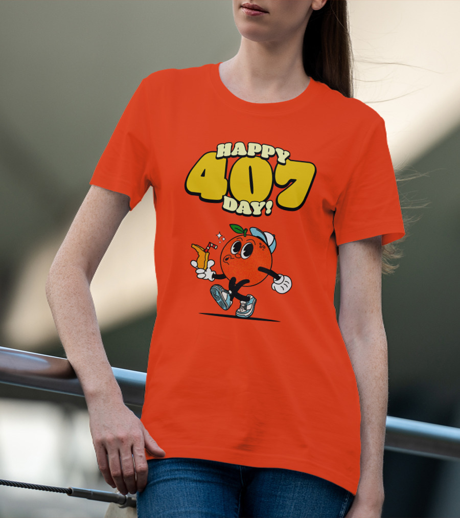 Happy 407 Day Orlando Orange Character With Drink And Sneakers T-Shirt