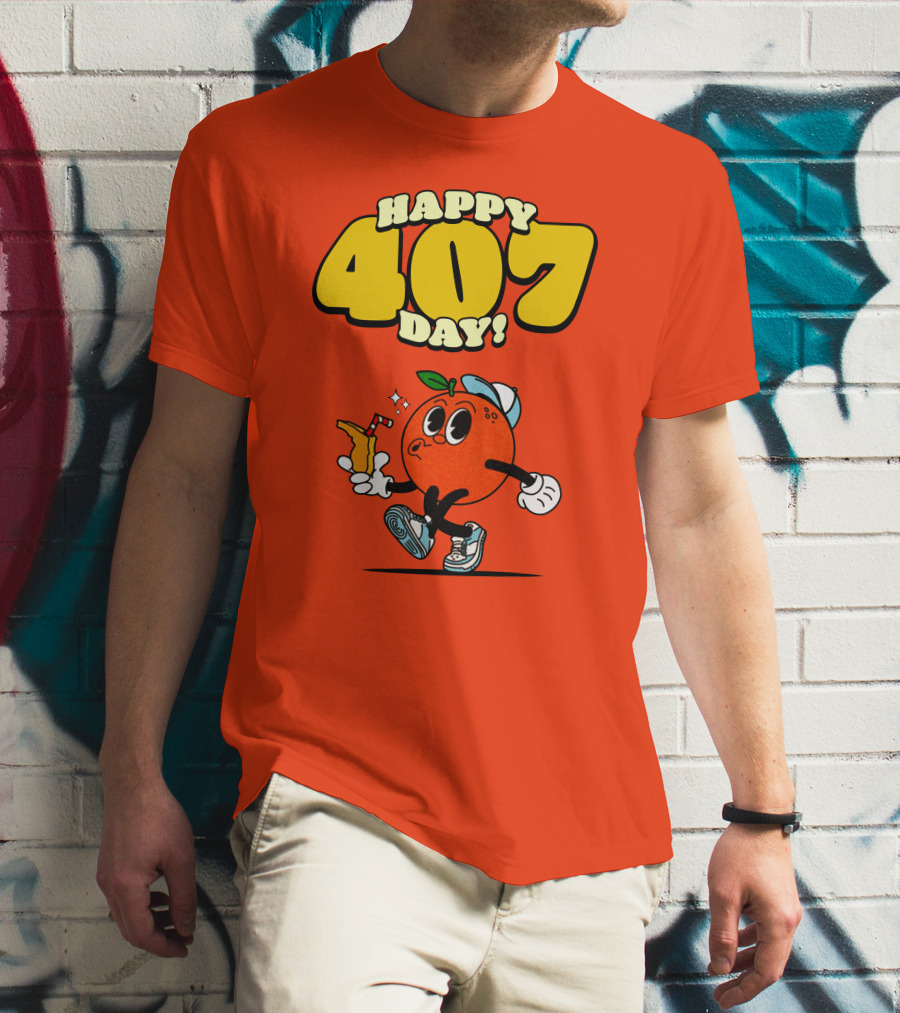 Happy 407 Day Orlando Orange Character With Drink And Sneakers T-Shirt