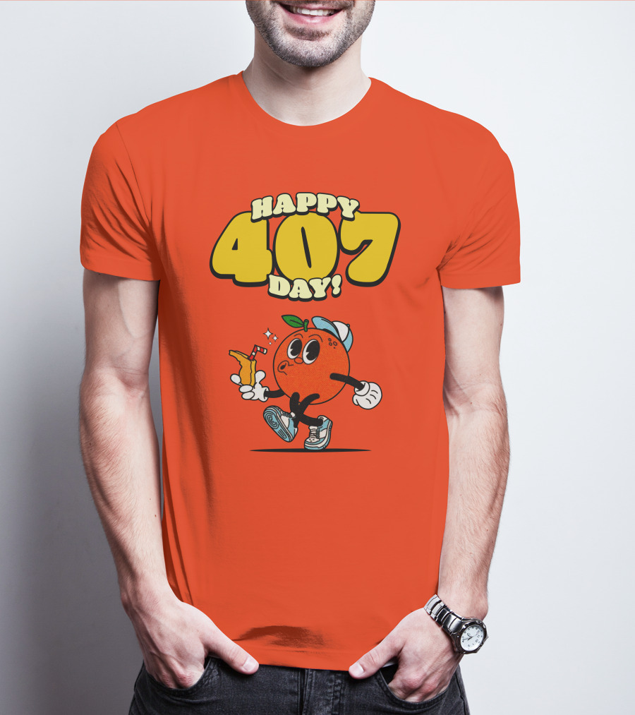Happy 407 Day Orlando Orange Character With Drink And Sneakers T-Shirt