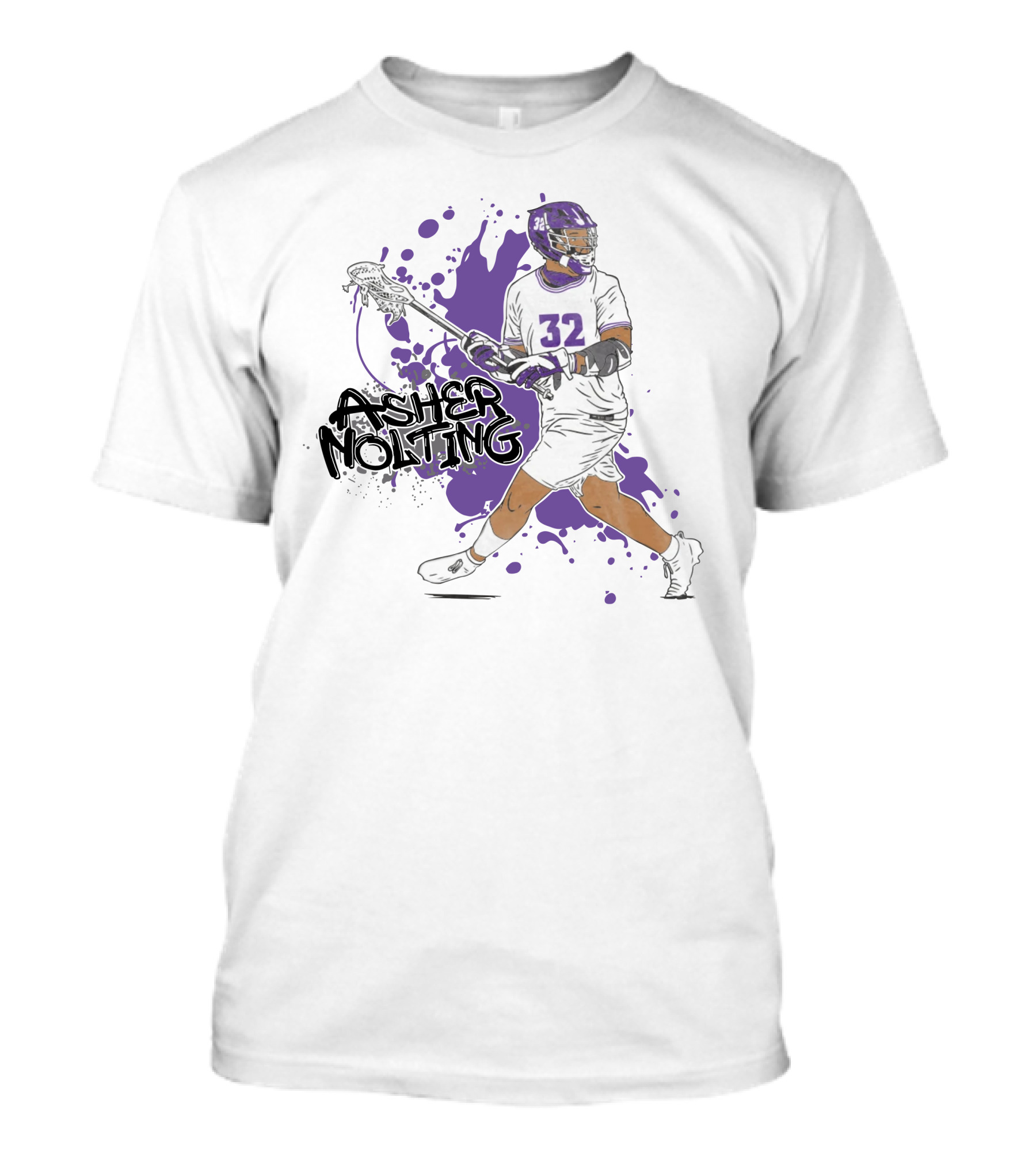 Asher Nolting 32 Lacrosse Player Purple Splatter T-Shirt