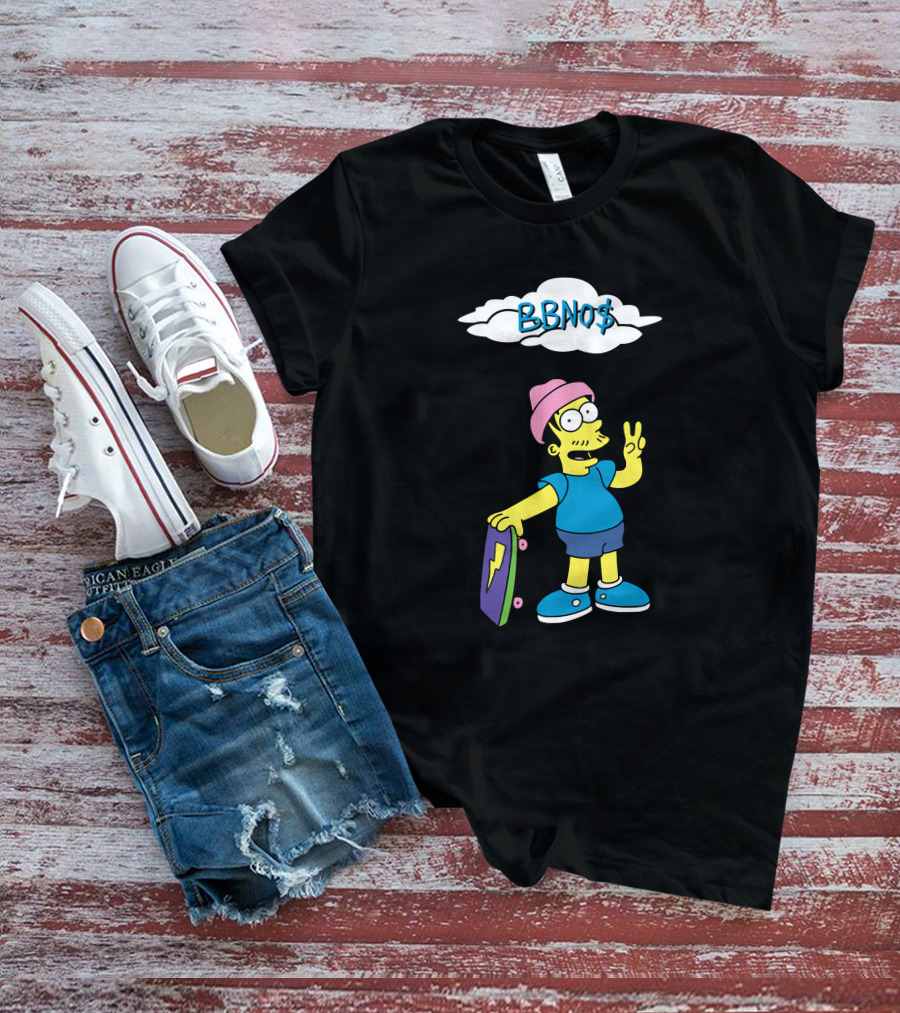 BBNO$ Cartoon Character With Skateboard And Peace Sign T-Shirt