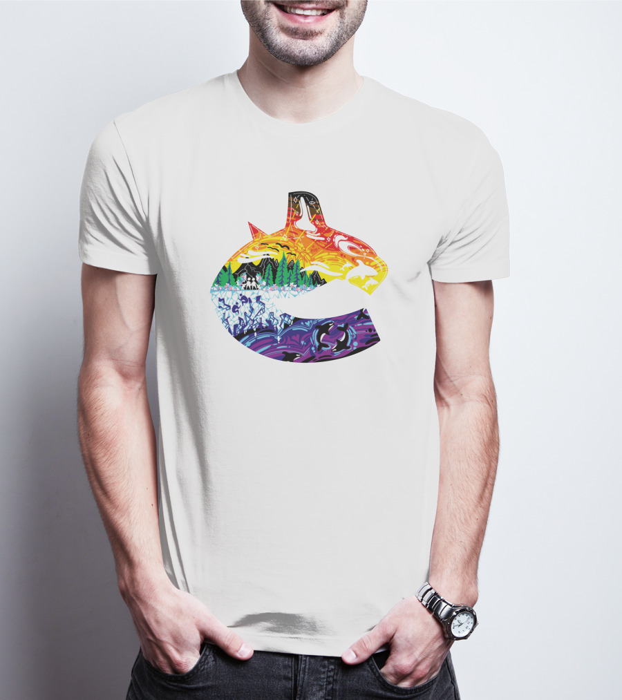 Vanbase Merch Vancouver Canucks Pride Orca Rainbow T-Shirt
