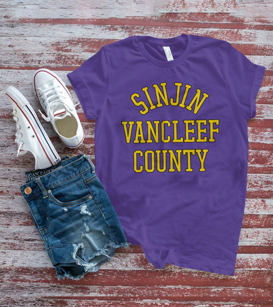 Sinjin Drowning Merch Sinjin Vancleef County Arch Style Purple Gold Lettering T-Shirt