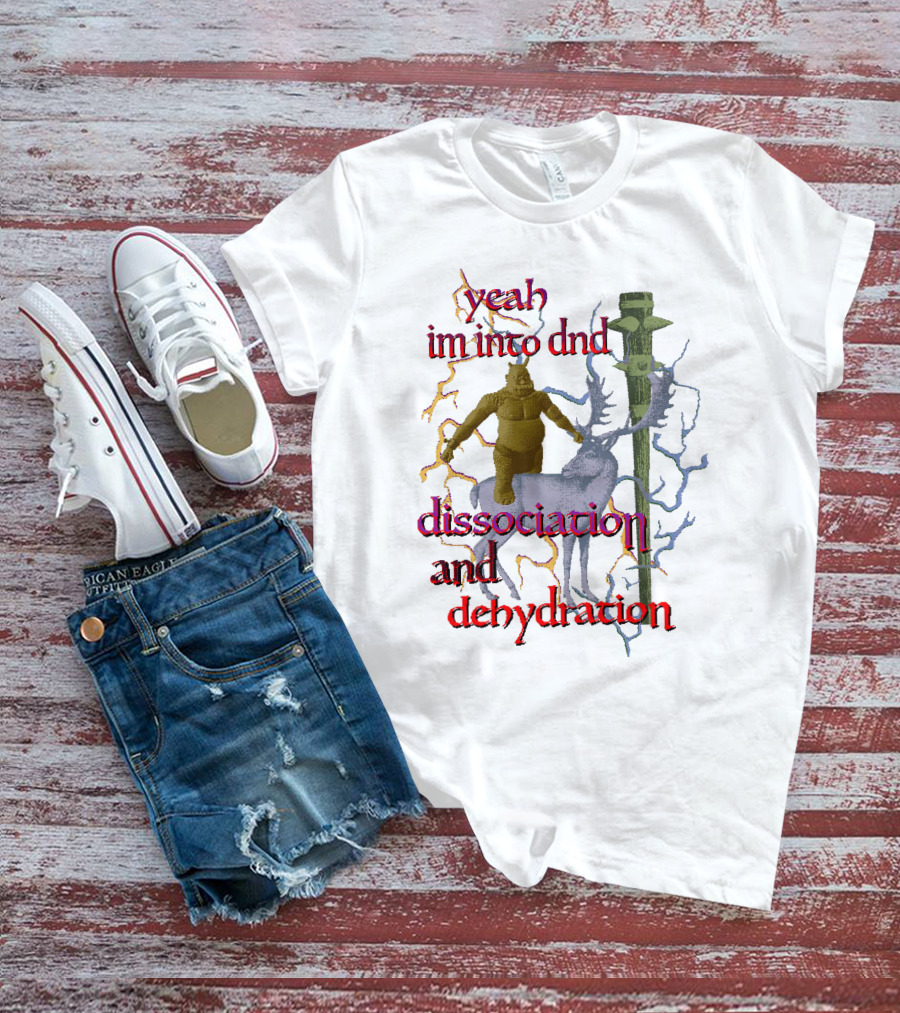 Yeah Im Into Dnd Dissociation And Dehydration Statue Riding Reindeer With Caduceus Staff And Lightning Background T-Shirt