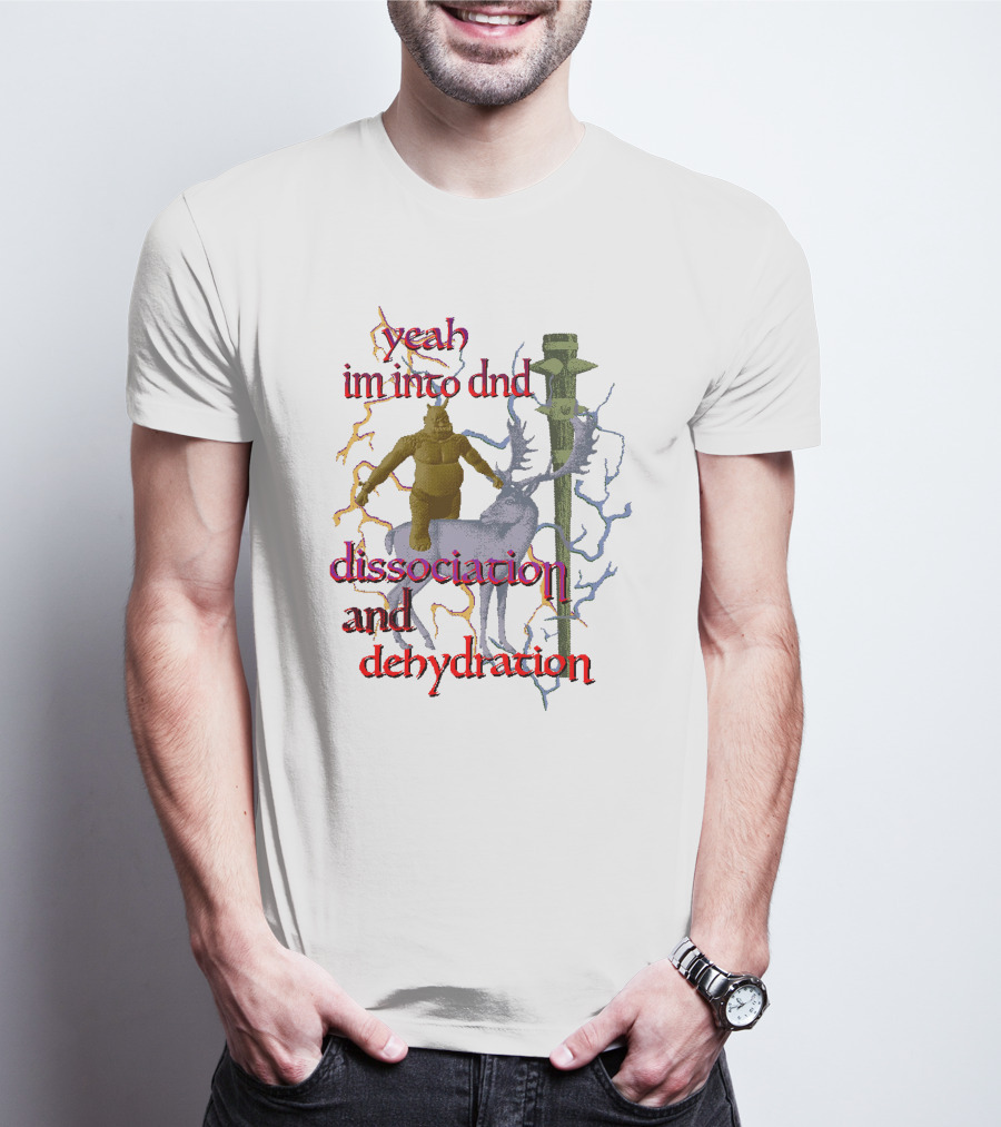 Yeah Im Into Dnd Dissociation And Dehydration Statue Riding Reindeer With Caduceus Staff And Lightning Background T-Shirt