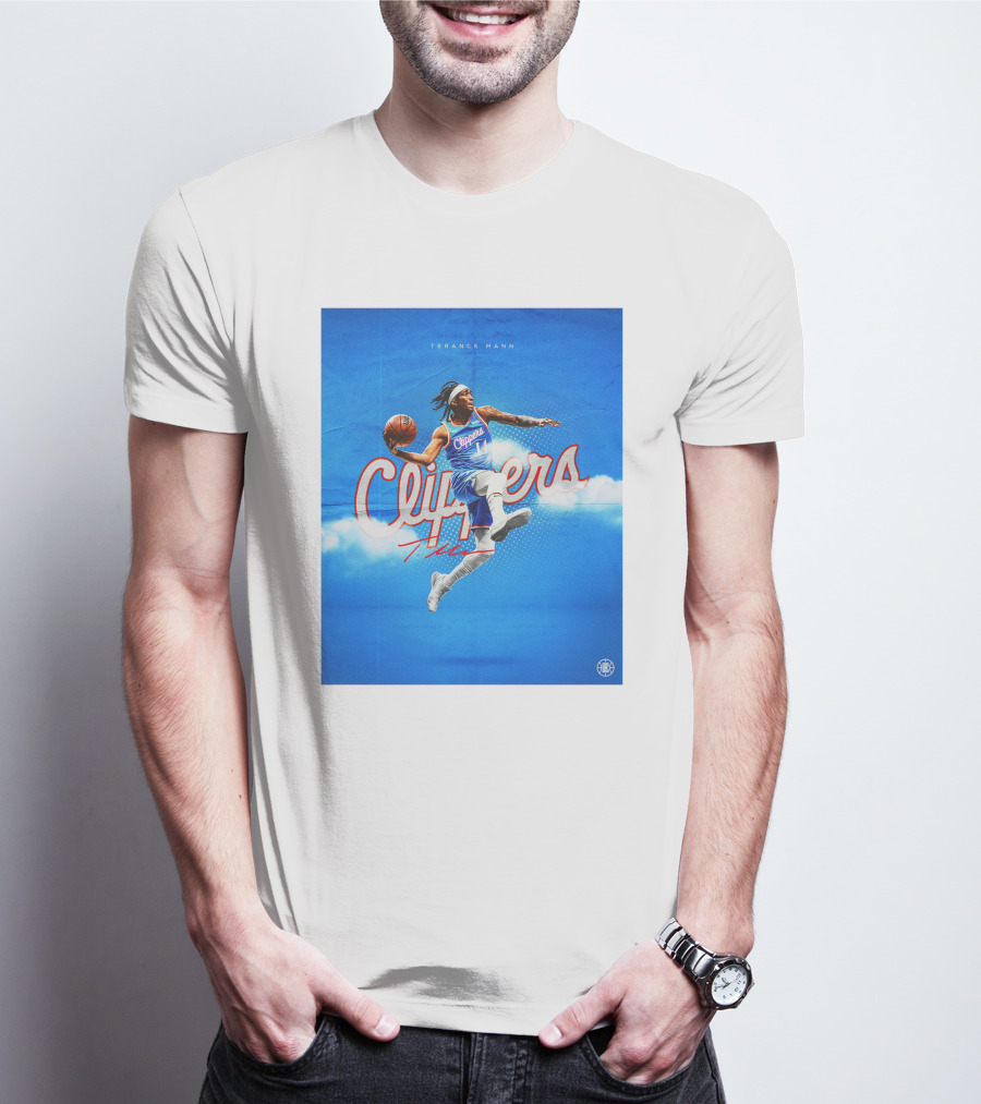 Terance Mann Clippers Basketball Motion Dribble Blue Clouds T-Shirt