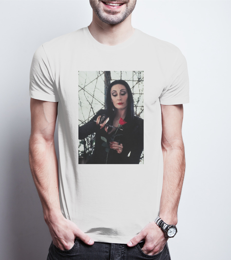 Morticia Addams Anjelica Huston Cutting Rose Scene T-Shirt